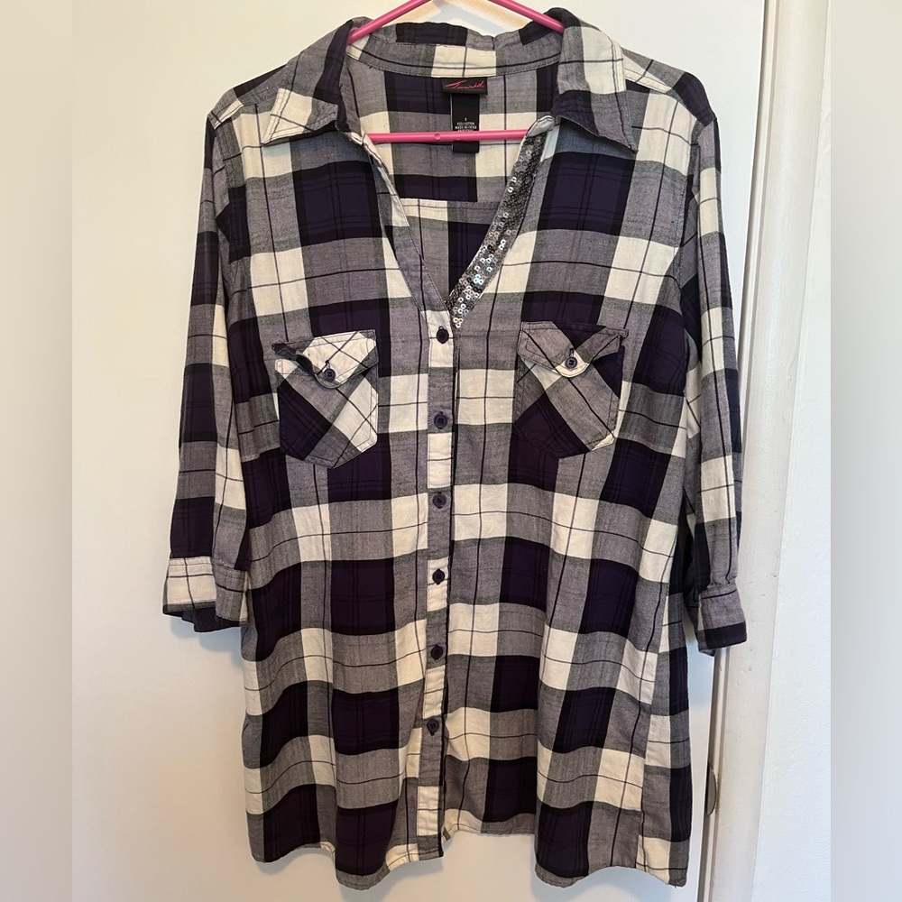 Torrid plaid button up with sequin collar detail